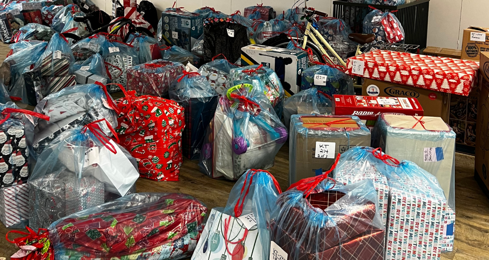 Thousands of gifts for Santa Cruz County families are bagged and waiting for pick up at the Volunteer Center's Adopt-a-Family Donation Center.